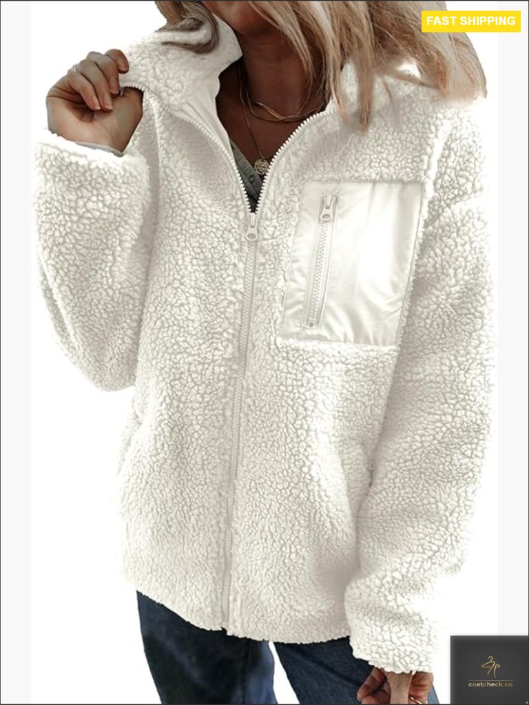 Relaxed Fit Full Zip Fleece Jacket Soft Warm Teddy Coat With Pockets Trendy